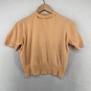 HADLEY Sweater Womens XS Cashmere Scallop Mock Neck Short Sleeve Crop Orange VTG